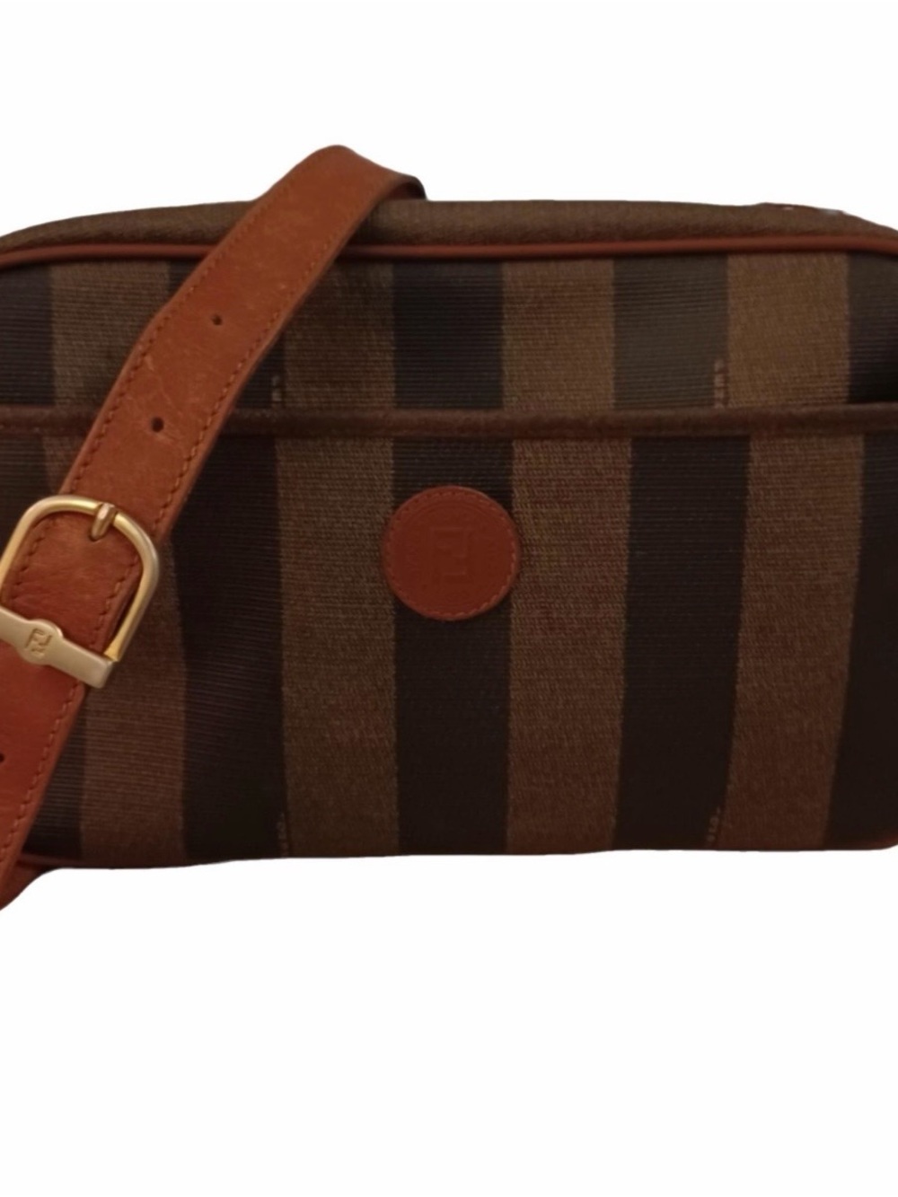 Fendi Brown Striped Canvas Messenger Bag with Tan Leather Strap